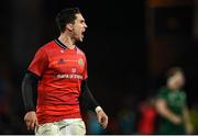 16 October 2021; Joey Carbery of Munster celebrates after scoring a late conversion to win the United Rugby Championship match between Munster and Connacht at Thomond Park in Limerick. Photo by Piaras Ó Mídheach/Sportsfile