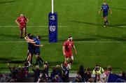 16 October 2021; Dan Sheehan of Leinster, bottom left,is congratulated by team-mates Ryan Baird and Luke McGrath after scoring their side's seventh try side's seventh try during the United Rugby Championship match between Leinster and Scarlets at the RDS Arena in Dublin. Photo by Seb Daly/Sportsfile