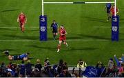 16 October 2021; Dan Sheehan of Leinster, bottom left, scores his side's seventh try during the United Rugby Championship match between Leinster and Scarlets at the RDS Arena in Dublin. Photo by Seb Daly/Sportsfile