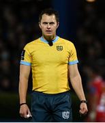 16 October 2021; Referee Marius van der Westhuizen during the United Rugby Championship match between Leinster and Scarlets at the RDS Arena in Dublin. Photo by Harry Murphy/Sportsfile