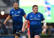 16 October 2021; Tadhg Furlong, right, and Ross Molony of Leinster during the United Rugby Championship match between Leinster and Scarlets at the RDS Arena in Dublin. Photo by Seb Daly/Sportsfile