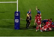 16 October 2021; Referee Marius van der Westhuizen awards a fifth try to Leinster, scored by Cian Healy, hidden, during the United Rugby Championship match between Leinster and Scarlets at the RDS Arena in Dublin. Photo by Seb Daly/Sportsfile