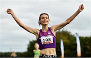 17 October 2021; Abbie Donnelly celebrates winning the Senior Women's 6000m during the Autumn Open International Cross Country at the Sport Ireland Campus in Dublin. Photo by Sam Barnes/Sportsfile