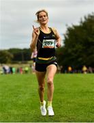 17 October 2021; Annmarie McGlynn of Letterkenny AC, Donegal, celebrates finishing second place in the Masters Women's 6000m during the Autumn Open International Cross Country at the Sport Ireland Campus in Dublin. Photo by Sam Barnes/Sportsfile