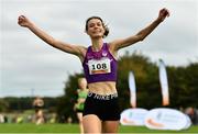 17 October 2021; Abbie Donnelly celebrates winning the Senior Women's 6000m during the Autumn Open International Cross Country at the Sport Ireland Campus in Dublin. Photo by Sam Barnes/Sportsfile