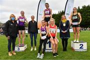 17 October 2021; On the podium after the Senior Women's 6000m are, first place Abbie Donnelly, second place Annmarie McGlynn of Letterkenny AC, Donegal, third place Kirsty Walker, fourth place Mary Mulhare of Portlaoise AC, Laois, and fifth place Alex Millard, with Brid Golden, Deputy President, Athletics Ireland, Catherina McKiernan, and Seána Ó Rodaigh, Mayor of Fingal, during the Autumn Open International Cross Country at the Sport Ireland Campus in Dublin. Photo by Sam Barnes/Sportsfile