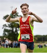 17 October 2021; Nicholas Griggs of Mid Ulster AC, Derry, celebrates winning the Junior Men's 6000m during the Autumn Open International Cross Country at the Sport Ireland Campus in Dublin. Photo by Sam Barnes/Sportsfile