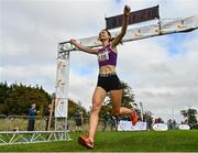 17 October 2021; Abbie Donnelly celebrates winning the Senior Women's 6000m race during the Autumn Open International Cross Country at the Sport Ireland Campus in Dublin. Photo by Sam Barnes/Sportsfile