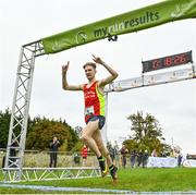17 October 2021; Nicholas Griggs of Mid Ulster AC, Derry, celebrates winning the Junior Men's 6000m race during the Autumn Open International Cross Country at the Sport Ireland Campus in Dublin. Photo by Sam Barnes/Sportsfile