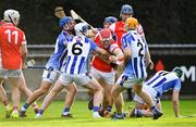 17 October 2021; Diarmuid O'Floinn of Cuala is tackled by Simon Lambert, 6, of Ballyboden St Enda's during the Go Ahead Dublin County Senior Club Hurling Championship Quarter-Final match between Ballyboden St Enda's and Cuala at Parnell Park in Dublin. Photo by Piaras Ó Mídheach/Sportsfile