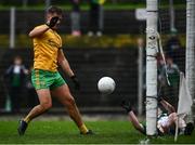 17 October 2021; David Mitchell of Mohill saves the shot from Shane Moran of Ballinamore on the line during the Leitrim County Senior Club Football Championship Final match between Mohill and Ballinamore at Páirc Seán Mac Diarmada in Carrick-On-Shannon, Leitrim. Photo by David Fitzgerald/Sportsfile