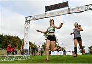 17 October 2021; Avril Millerick of Youghal AC, Cork, 53, and Eimear Maher of Dundrum South Dublin AC, 58, competing in the Junior Women's 4500m during the Autumn Open International Cross Country at the Sport Ireland Campus in Dublin. Photo by Sam Barnes/Sportsfile