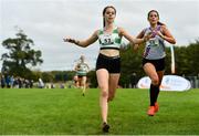 17 October 2021; Avril Millerick of Youghal AC, Cork, 53, and Eimear Maher of Dundrum South Dublin AC, competing in the Junior Women's 4500m during the Autumn Open International Cross Country at the Sport Ireland Campus in Dublin. Photo by Sam Barnes/Sportsfile
