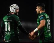 16 October 2021; Mack Hansen, left, and Tiernan O’Halloran of Connacht during the United Rugby Championship match between Munster and Connacht at Thomond Park in Limerick. Photo by David Fitzgerald/Sportsfile