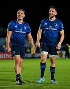 16 October 2021; James Lowe, left, and Jack Conan of Leinster after the United Rugby Championship match between Leinster and Scarlets at the RDS Arena in Dublin. Photo by Ramsey Cardy/Sportsfile