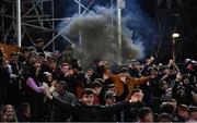 15 October 2021; Dundalk supporters celebrate after their first goal, scored by Sami Ben Amar of Dundalk, during the SSE Airtricity League Premier Division match between Bohemians and Dundalk at Dalymount Park in Dublin. Photo by Ben McShane/Sportsfile