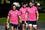 18 October 2021; Players, from left, Ed Byrne, Vakh Abdaladze and Jack Conan arrive for a Leinster Rugby squad training session at UCD in Dublin. Photo by Piaras Ó Mídheach/Sportsfile