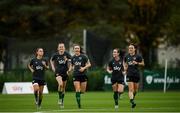 18 October 2021; Republic of Ireland players, from left, Jessica Ziu, Claire Walsh, Niamh Farrelly, Roma McLaughlin and Ciara Grant during a Republic of Ireland training session at the FAI National Training Centre in Abbotstown, Dublin. Photo by Stephen McCarthy/Sportsfile