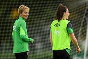 18 October 2021; Manager Vera Pauw, left, and Lucy Quinn during a Republic of Ireland training session at the FAI National Training Centre in Abbotstown, Dublin. Photo by Stephen McCarthy/Sportsfile