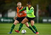 18 October 2021; Rianna Jarrett, right, and Louise Quinn during a Republic of Ireland training session at the FAI National Training Centre in Abbotstown, Dublin. Photo by Stephen McCarthy/Sportsfile