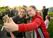 18 October 2021; Niamh Fahey, left, with supporters after a Republic of Ireland training session at the FAI National Training Centre in Abbotstown, Dublin. Photo by Stephen McCarthy/Sportsfile