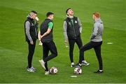 18 October 2021; Shamrock Rovers players, from left, Gary O'Neill, Neil Farrugia, Dylan Watts and Rory Gaffney before their side's SSE Airtricity League Premier Division match against Bohemians at Tallaght Stadium in Dublin. Photo by Seb Daly/Sportsfile