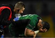 16 October 2021; Tiernan O’Halloran of Connacht receives medical attention for an injury during the United Rugby Championship match between Munster and Connacht at Thomond Park in Limerick. Photo by Piaras Ó Mídheach/Sportsfile
