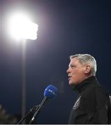 18 October 2021; Bohemians manager Keith Long is interviewed by RTÉ before the SSE Airtricity League Premier Division match between Shamrock Rovers and Bohemians at Tallaght Stadium in Dublin. Photo by Stephen McCarthy/Sportsfile