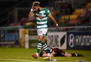 18 October 2021; Barry Cotter of Shamrock Rovers and Rory Feely of Bohemians after a collision during the SSE Airtricity League Premier Division match between Shamrock Rovers and Bohemians at Tallaght Stadium in Dublin. Photo by Stephen McCarthy/Sportsfile
