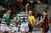 18 October 2021; Referee Neil Doyle shows a red card to Roberto Lopes of Shamrock Rovers during the SSE Airtricity League Premier Division match between Shamrock Rovers and Bohemians at Tallaght Stadium in Dublin. Photo by Seb Daly/Sportsfile