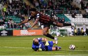 18 October 2021; Promise Omochere of Bohemians in action against Shamrock Rovers goalkeeper Alan Mannus during the SSE Airtricity League Premier Division match between Shamrock Rovers and Bohemians at Tallaght Stadium in Dublin. Photo by Stephen McCarthy/Sportsfile