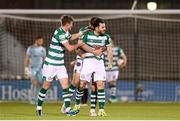 18 October 2021; Richie Towell of Shamrock Rovers celebrates with team-mates Ronan Finn, left, and Chris McCann, behind, after scoring his side's first goal during the SSE Airtricity League Premier Division match between Shamrock Rovers and Bohemians at Tallaght Stadium in Dublin. Photo by Stephen McCarthy/Sportsfile