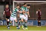 18 October 2021; Richie Towell of Shamrock Rovers celebrates with team-mates Ronan Finn, left, and Chris McCann, centre, after scoring his side's first goal during the SSE Airtricity League Premier Division match between Shamrock Rovers and Bohemians at Tallaght Stadium in Dublin. Photo by Stephen McCarthy/Sportsfile