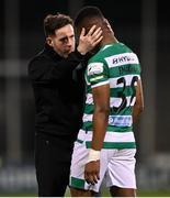 18 October 2021; Aidomo Emakhu of Shamrock Rovers with Shamrock Rovers manager Stephen Bradley after the SSE Airtricity League Premier Division match between Shamrock Rovers and Bohemians at Tallaght Stadium in Dublin. Photo by Stephen McCarthy/Sportsfile