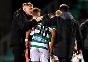 18 October 2021; Aidomo Emakhu of Shamrock Rovers, centre, is consoled by Bohemians goalkeeper James Talbot, left, and team-mate Roberto Lopes after the SSE Airtricity League Premier Division match between Shamrock Rovers and Bohemians at Tallaght Stadium in Dublin. Photo by Seb Daly/Sportsfile