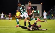 18 October 2021; Aidomo Emakhu of Shamrock Rovers is tackled by Rob Cornwall of Bohemians during the SSE Airtricity League Premier Division match between Shamrock Rovers and Bohemians at Tallaght Stadium in Dublin. Photo by Seb Daly/Sportsfile