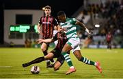 18 October 2021; Aidomo Emakhu of Shamrock Rovers is tackled by Rob Cornwall of Bohemians during the SSE Airtricity League Premier Division match between Shamrock Rovers and Bohemians at Tallaght Stadium in Dublin. Photo by Seb Daly/Sportsfile