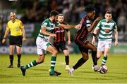 18 October 2021; Promise Omochere of Bohemians in action against Roberto Lopes of Shamrock Rovers during the SSE Airtricity League Premier Division match between Shamrock Rovers and Bohemians at Tallaght Stadium in Dublin. Photo by Seb Daly/Sportsfile