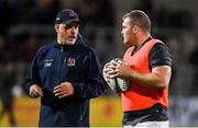 15 October 2021; Ulster head coach Dan McFarland, right, in conversation with Eric O'Sullivan before the United Rugby Championship match between Ulster and Emirates Lions at Kingspan Stadium in Belfast. Photo by Ramsey Cardy/Sportsfile