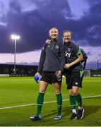 19 October 2021; Louise Quinn, left, and Diane Caldwell during a Republic of Ireland training session at the FAI National Training Centre in Abbotstown, Dublin. Photo by Stephen McCarthy/Sportsfile