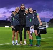 19 October 2021; Players, from left, Savannah McCarthy, Amanda Budden, Denise O'Sullivan and Niamh Farrelly pose for a photograph following a Republic of Ireland training session at the FAI National Training Centre in Abbotstown, Dublin. Photo by Stephen McCarthy/Sportsfile