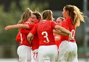 20 October 2021; Serena Li Puma of Switzerland, centre, celebrates with team-mates after scoring her side's first goal during the UEFA Women's U19 Championship Qualifier match between Switzerland and Northern Ireland at Jackman Park in Limerick. Photo by Eóin Noonan/Sportsfile