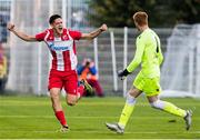 20 October 2021; Stefan Lekovic of Crvena Zvezda celebrates after scoring his side's first goal with Crvena Zvezda goalkeeper Bogdan Marinkovic, right, during the UEFA Youth League first round second leg match between Crvena Zvezda and St Patrick’s Athletic at Cukaricki Stadium in Belgrade, Serbia. Photo by Nikola Krstic/Sportsfile