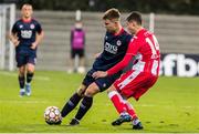 20 October 2021; Thomas Lonergan of St Patrick's Athletic in action against Bratislav Maric of Crvena Zvezda during the UEFA Youth League first round second leg match between Crvena Zvezda and St Patrick’s Athletic at Cukaricki Stadium in Belgrade, Serbia. Photo by Nikola Krstic/Sportsfile