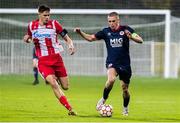 20 October 2021; Adam Murphy of St Patrick's Athletic in action against Bratislav Maric of Crvena Zvezda during the UEFA Youth League first round second leg match between Crvena Zvezda and St Patrick’s Athletic at Cukaricki Stadium in Belgrade, Serbia. Photo by Nikola Krstic/Sportsfile