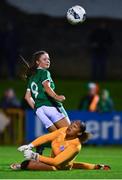 20 October 2021; England goalkeeper Khiara Keating saves a shot on goal by Rebecca Watkins of Republic of Ireland during the UEFA Women's U19 Championship Qualifier match between Republic of Ireland and England at Markets Field in Limerick. Photo by Eóin Noonan/Sportsfile