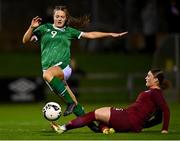 20 October 2021; Rebecca Watkins of Republic of Ireland in action against Ruby Mace of England during the UEFA Women's U19 Championship Qualifier match between Republic of Ireland and England at Markets Field in Limerick. Photo by Eóin Noonan/Sportsfile