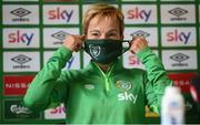 20 October 2021; Manager Vera Pauw removes her mask before speaking to media ahead of a Republic of Ireland training session at Tallaght Stadium in Dublin. Photo by Stephen McCarthy/Sportsfile