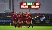 20 October 2021; Freya Gregory of England, right, celebrates with team-mates after scoring her side's first goal during the UEFA Women's U19 Championship Qualifier match between Republic of Ireland and England at Markets Field in Limerick. Photo by Eóin Noonan/Sportsfile