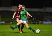 20 October 2021; Rebecca Watkins of Republic of Ireland in action against Charlotte Wardlaw of England during the UEFA Women's U19 Championship Qualifier match between Republic of Ireland and England at Markets Field in Limerick. Photo by Eóin Noonan/Sportsfile
